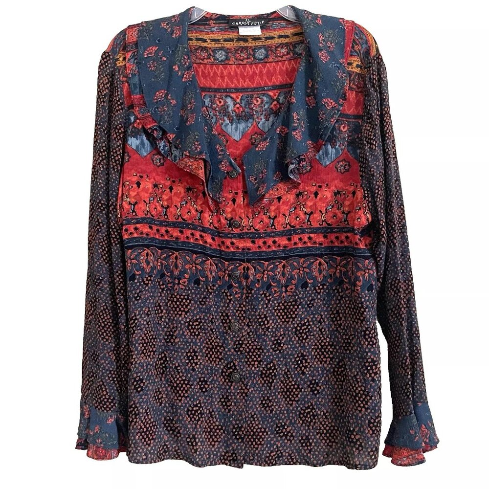 Carole Little Patchwork Blouse Top 10 Petite Ruffle Vintage Artsy Eclectic